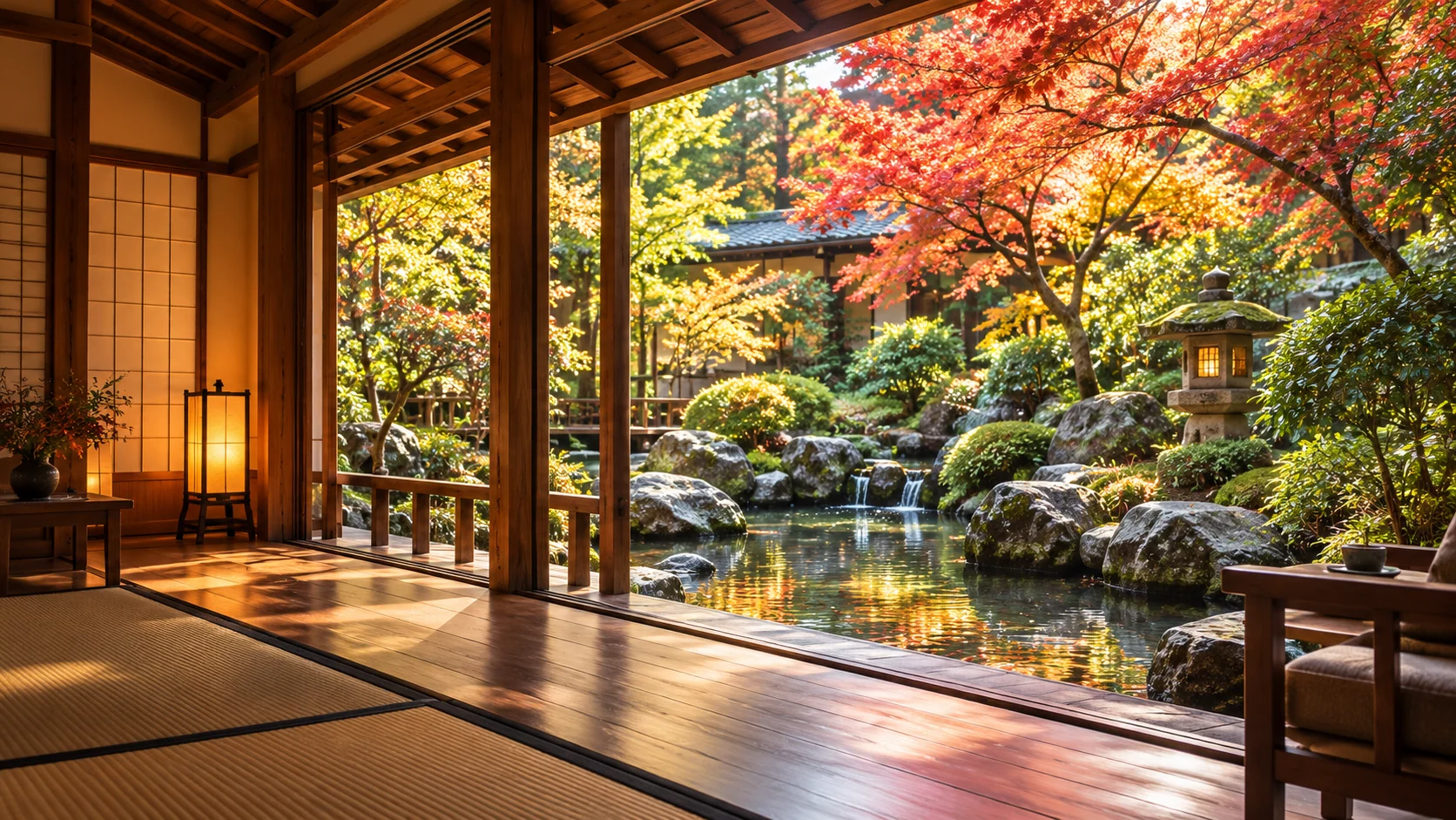紅葉の庭園と池を望む、木のぬくもりある縁側